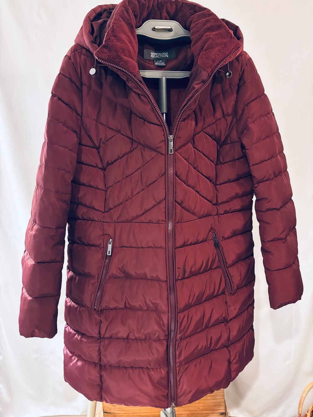 Kenneth Cole Reaction Womens Large Burgundy Fall Winter Coat Dow Knee-Length